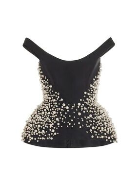 Monique Lhuillier Black Pearl-Embellished Peplum Top